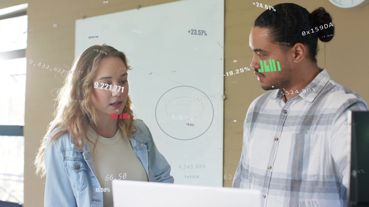 Woman listening and man pointing at laptop, animated charts appearing and guiding business analysis