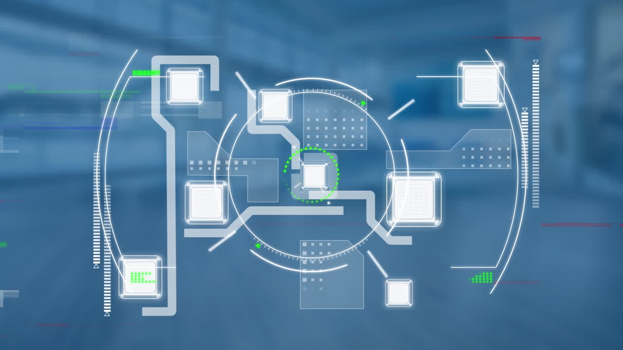 파란색 배경에 있는 집적 회로를 대상으로 하는 애니메이션
