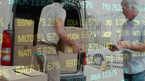 animation of financial data processing over delivery man with cardboard boxes