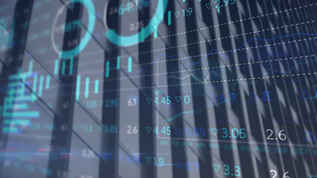 animación del procesamiento de datos estadísticos y del mercado de valores contra edificios altos