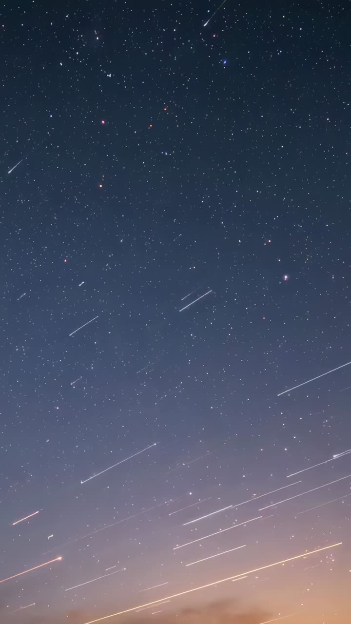 Vertical video: Starting sequence sending meteors streaking across sky above horizon glow, stars