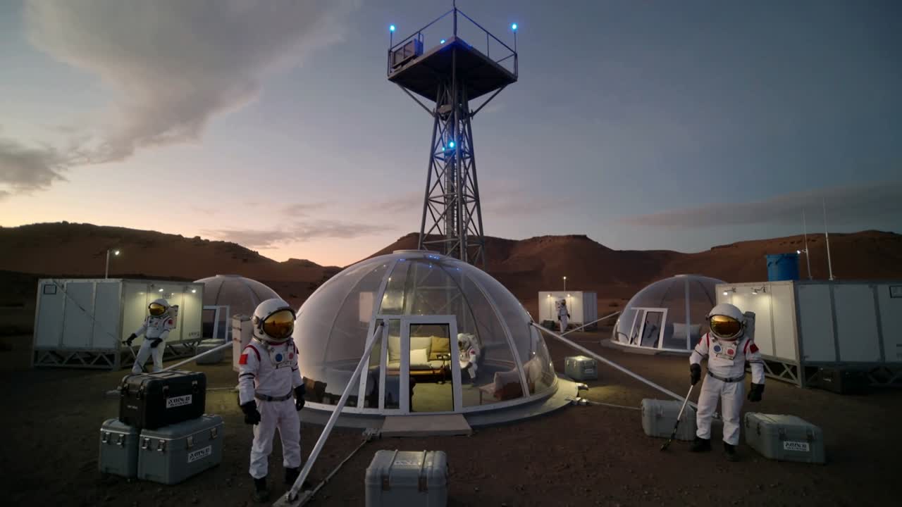 Arrivo al crepuscolo, equipaggio in tute pressurizzate bianche che ispeziona la cupola centrale e le custodie degli ingranaggi.