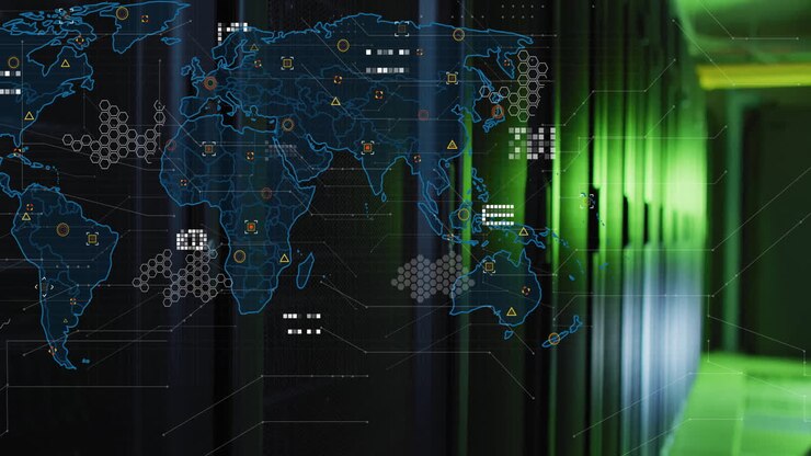 World map with data points and network connections animation over green-lit server room