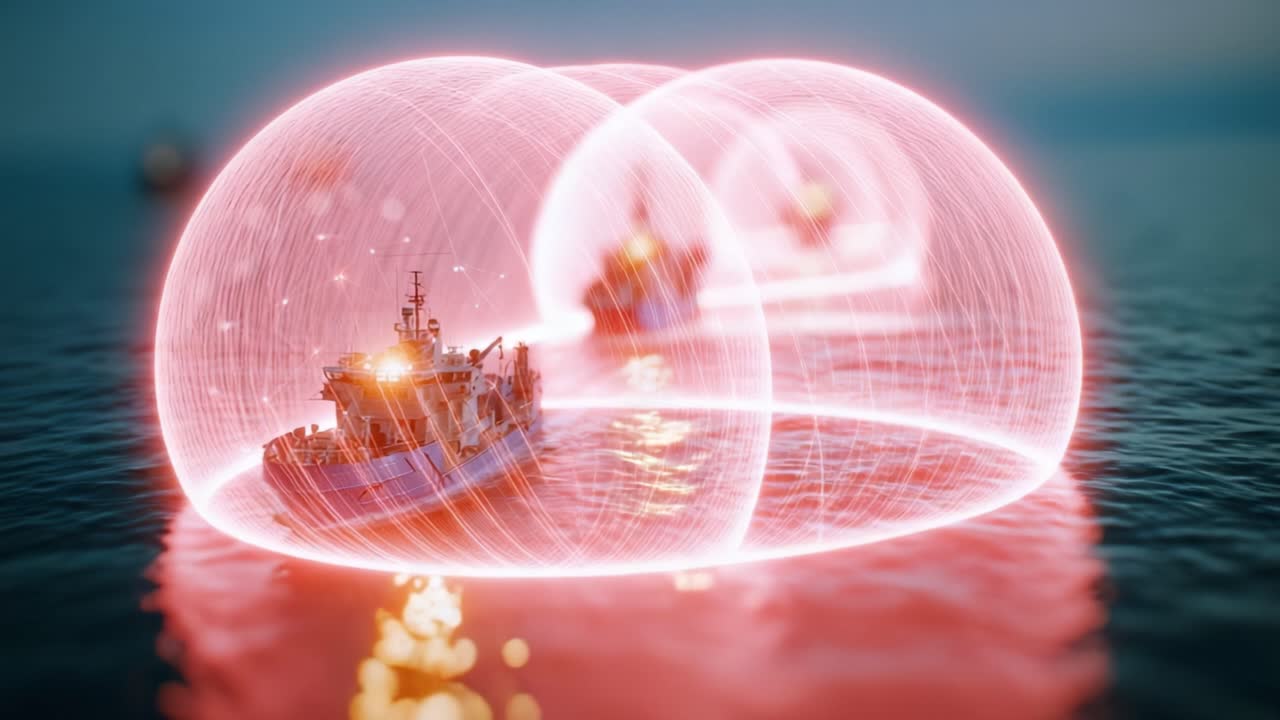 Ships glide through calm waters under glowing, translucent shields. Lights reflect on the ocean's surface in a serene, futuristic setting. No people are visible in the scene
