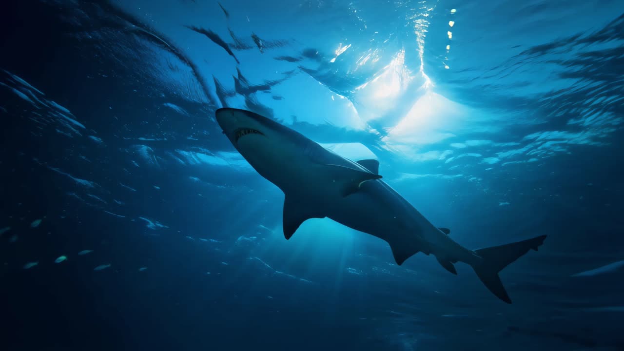 Breathtaking scene showing lone great white moving through sunlightdappled waters