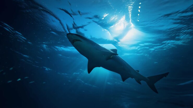 Breathtaking scene showing lone great white moving through sunlightdappled waters