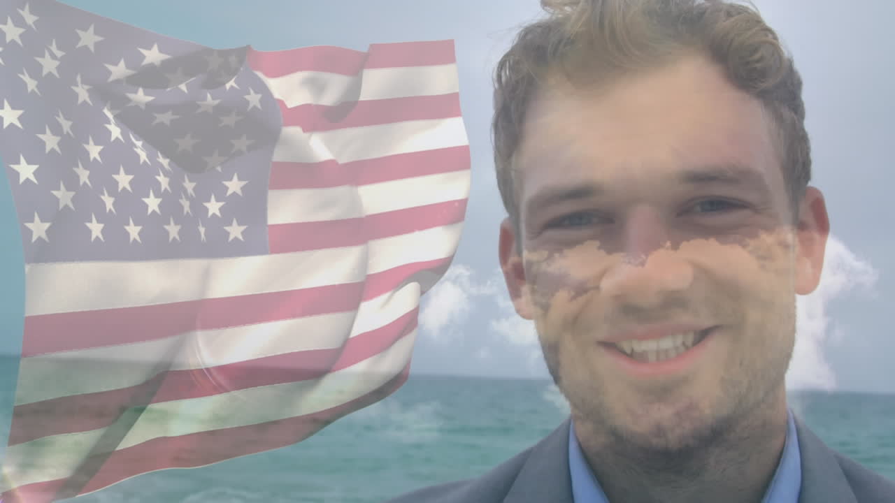 Animação de homem caucasiano feliz junto ao mar sobre a bandeira dos EUA