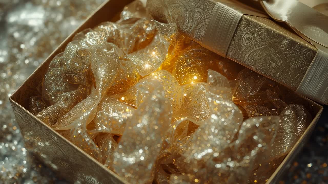 Tilting gift box lid revealing gold organza fabric on glittered tabletop in studio, shimmering