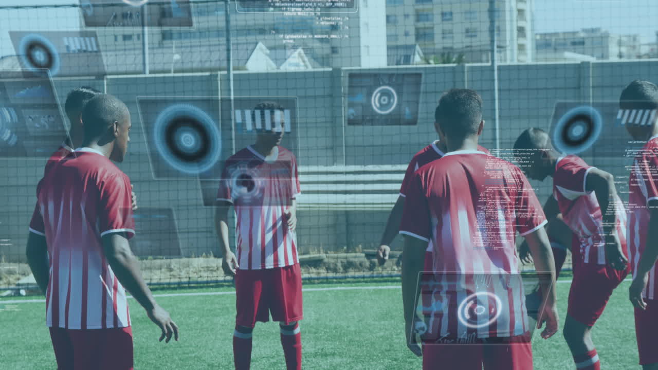 남자 축구 선수들이 공을 전달하는 스크린에서 스 ⁇ 과 데이터 처리의 애니메이션