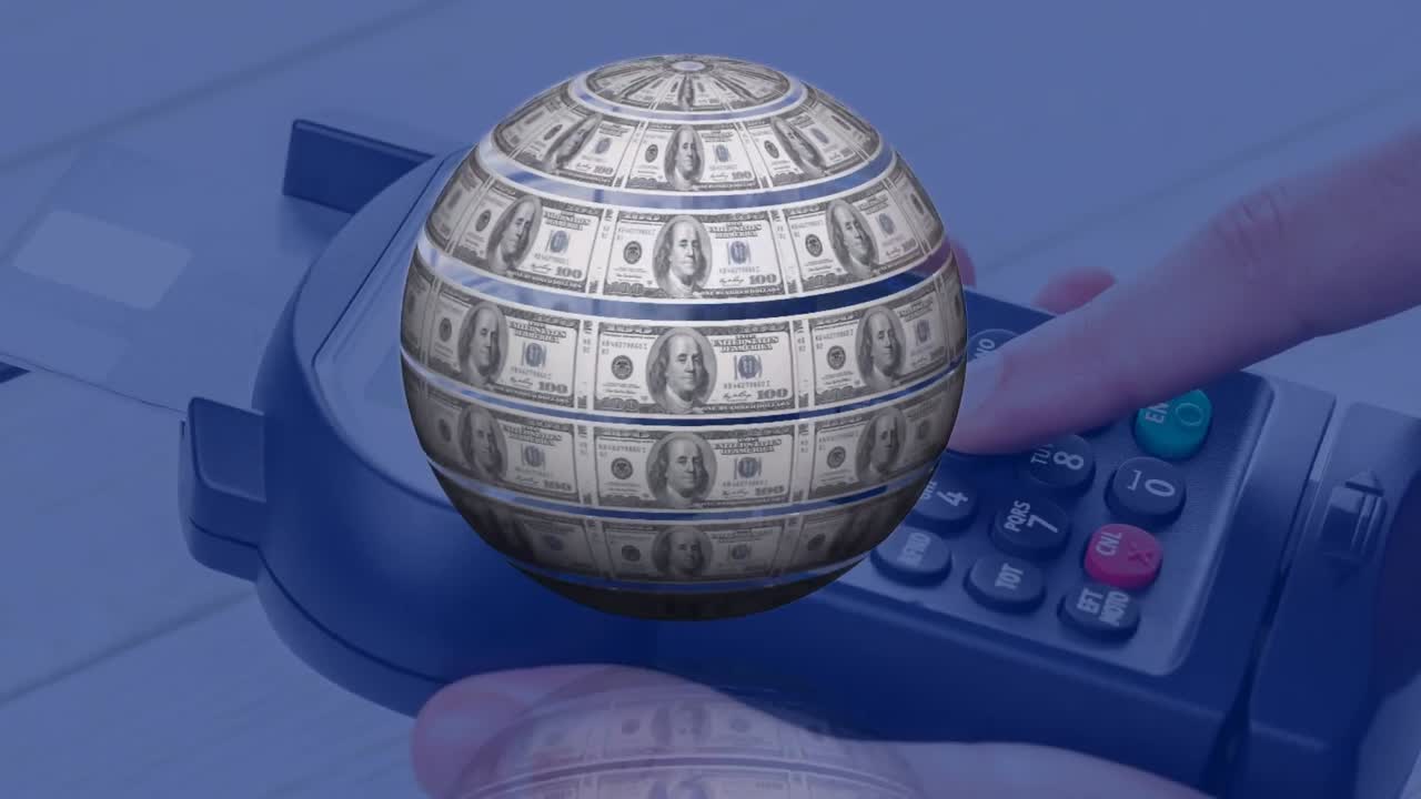 animación del globo formado con billetes de dólares estadounidenses a través de la terminal de pago