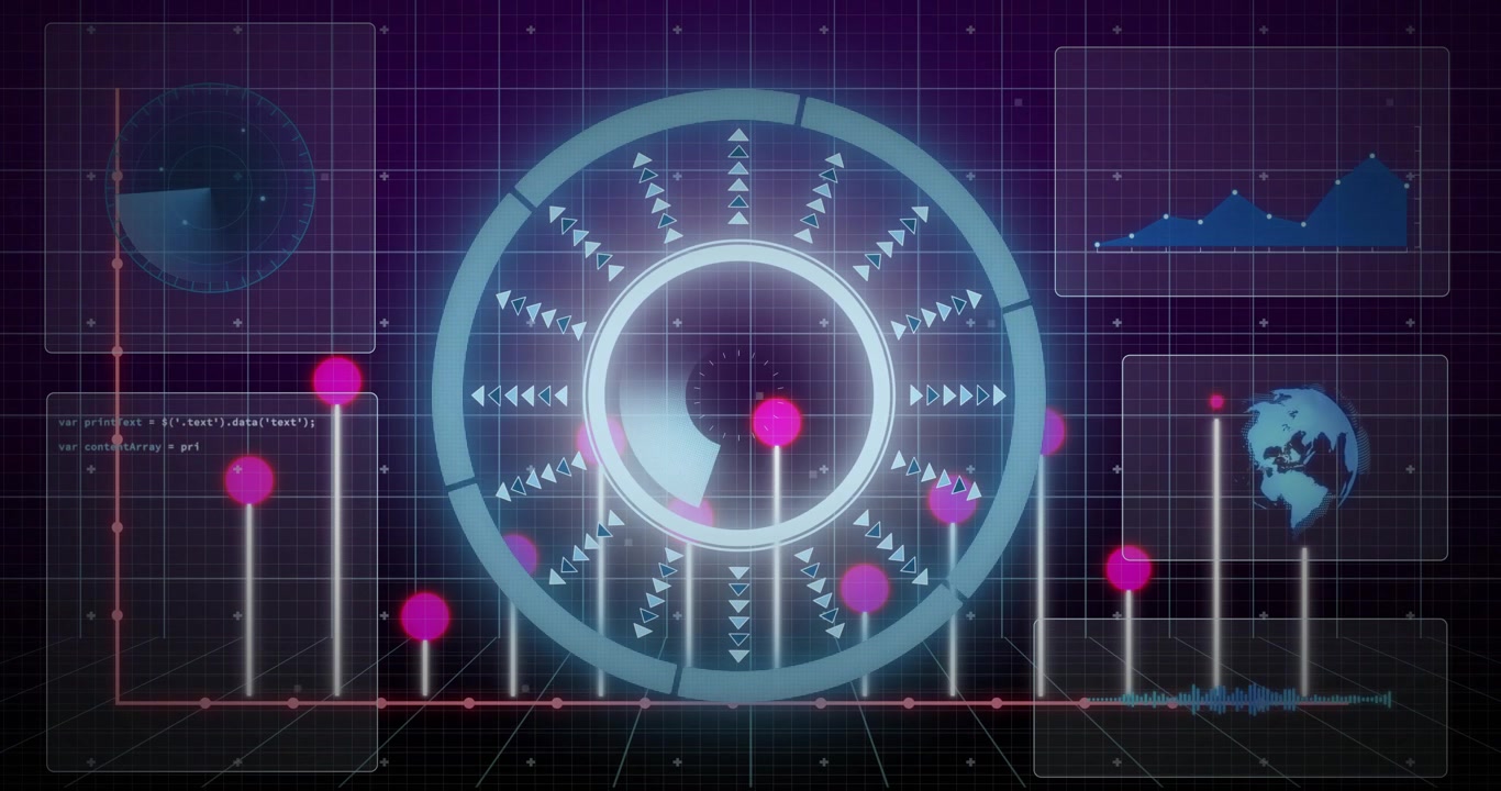 Rotating central cyan HUD sweeping sector on grid plane, causing magenta nodes to mark data spikes