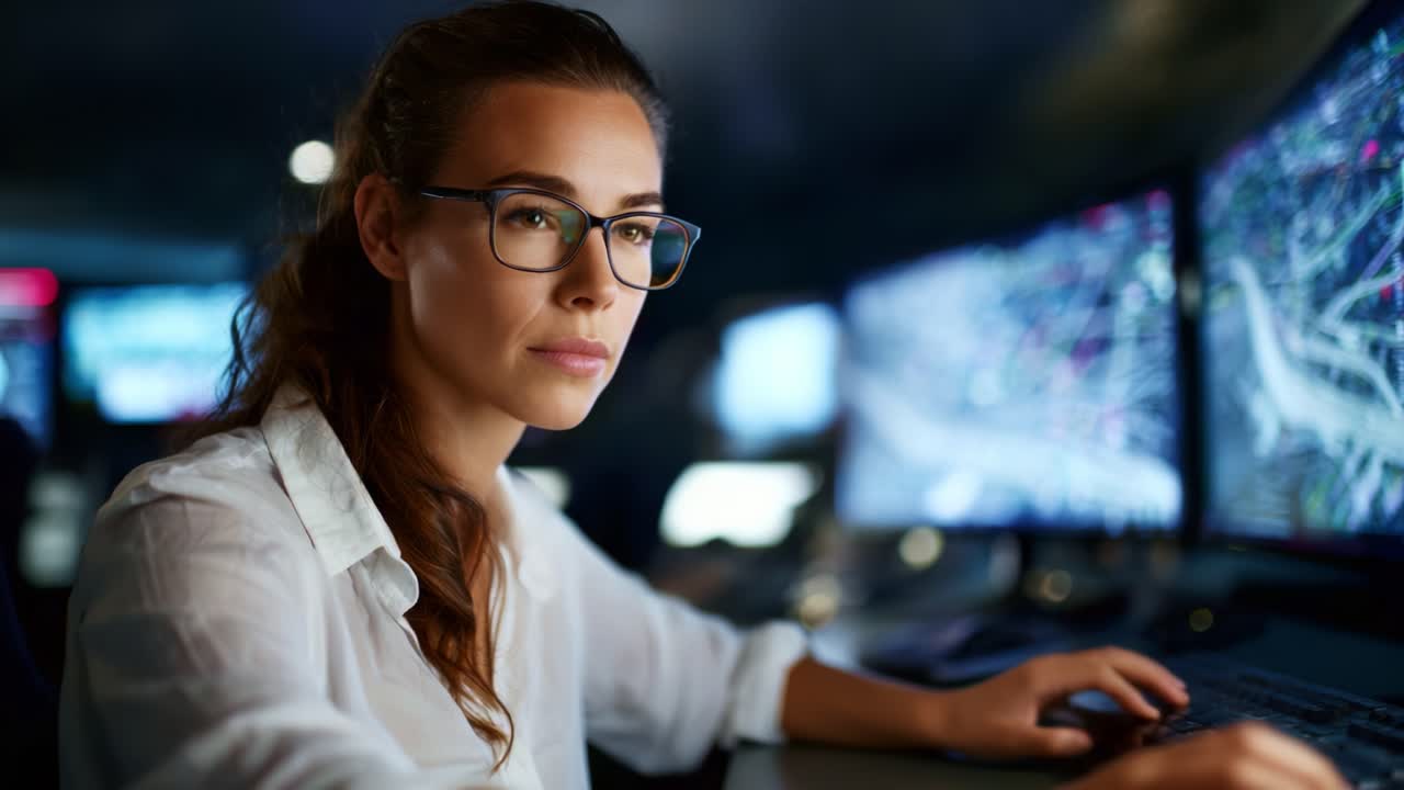 Focused Professional Woman Analyzing Data on Multiple Monitors in a Dimly Lit Control Room or Office Environment, Wearing Glasses and a White Shirt