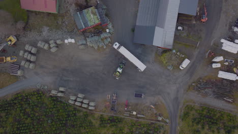 Tractor-loads-Christmas-trees-on-white-truck-on-farmyard