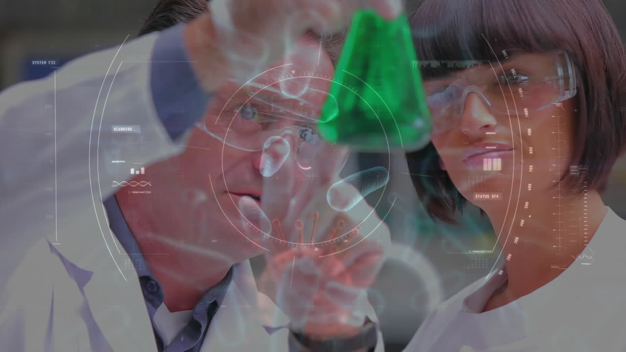 científicos estudiando un líquido verde