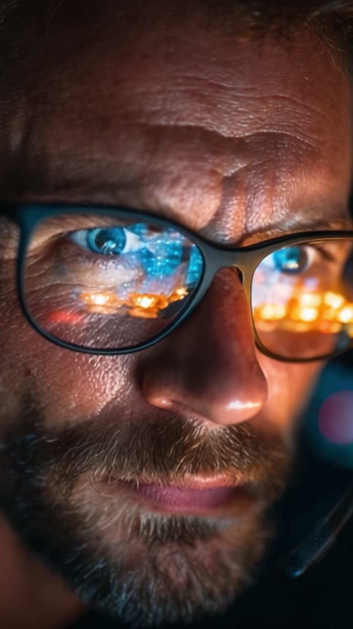 Intense Focus: A Close-Up of a Man with Glasses, Capturing the Intricacies of Reflected Lights and Expression in a Vivid, High-Definition Moment