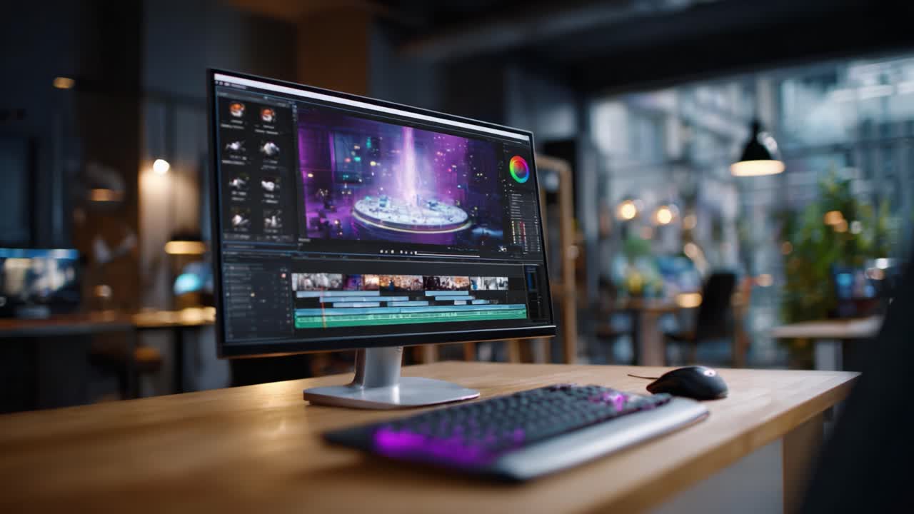 Dynamic Editing Workspace Showcasing Advanced Software for Video Production in a Modern Studio with a Sleek Monitor, Keyboard, and Engaging Visuals