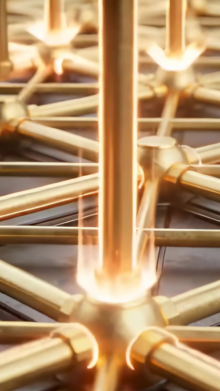 Vertical video: Lowering gold lattice rods activating hubs with rings as tips near nodes on bench