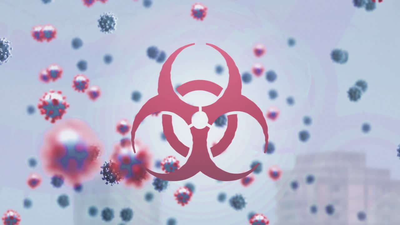 animación de un cartel de peligro biológico sobre el paisaje urbano y células de coronavirus flotando