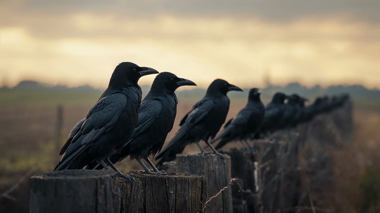 Sunrise arriving and causing crows perching and scanning grassland at dawn on wooden fence posts