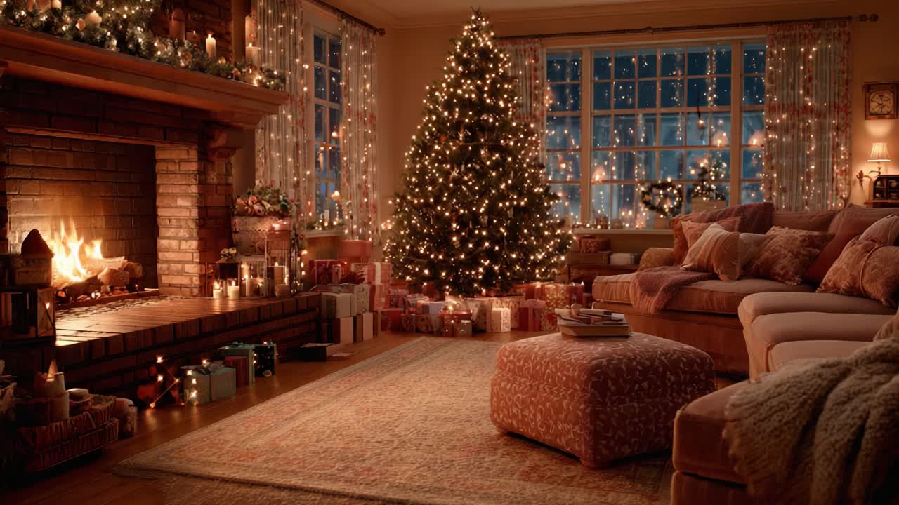 A Cozy Christmas Evening in a Festively Adorned Living Room Featuring a Beautifully Decorated Tree Surrounded by Presents and a Warm Fireplace Glow