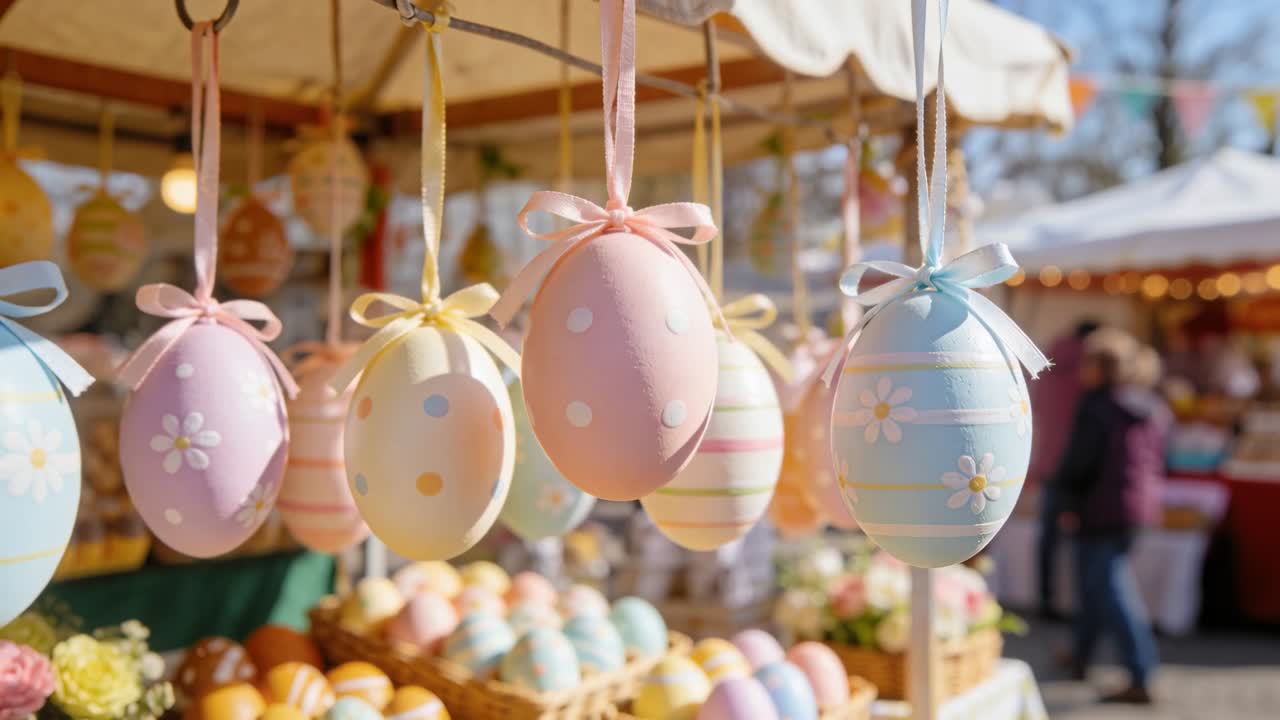Swaying pastel eggs hanging on ribbons above wicker baskets at spring market, stirred by breeze