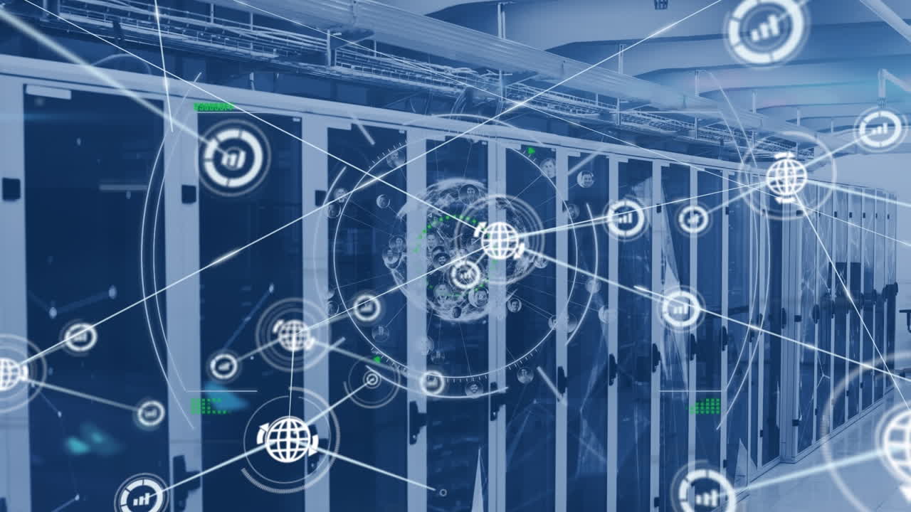 animación de la red de conexiones con globo e iconos a través de servidores informáticos