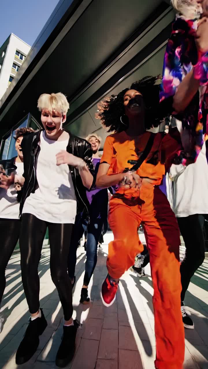 Diverse group of young dancers is joyfully running out of a modern glass building entrance, backlit by the bright sun, creating dynamic shadows on the pavement
