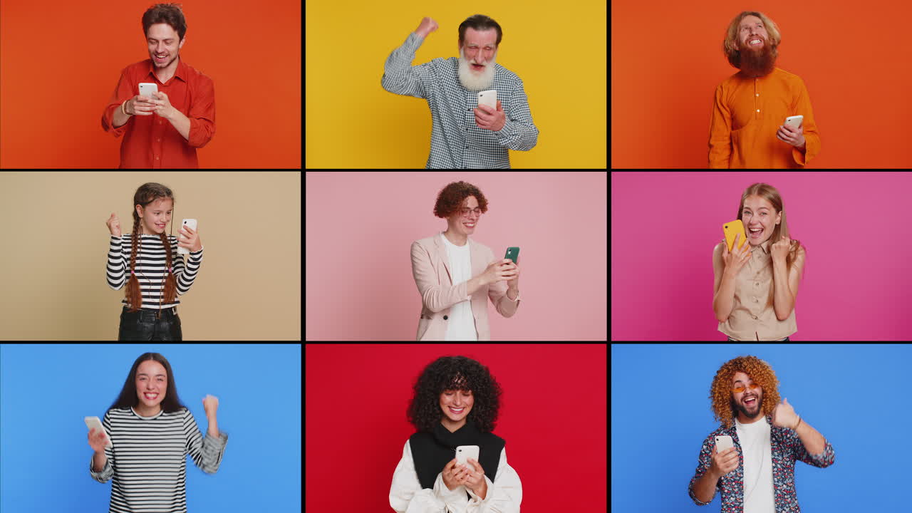 collage de personas sonrientes felices hombres mujeres usan teléfonos móviles celebrando ganar buenas noticias jugar un juego