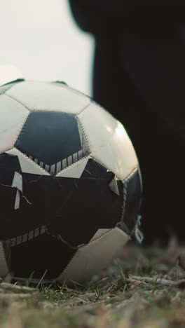 close-up of a soccer ball on a grassy field with a blurred view of two people seated behind