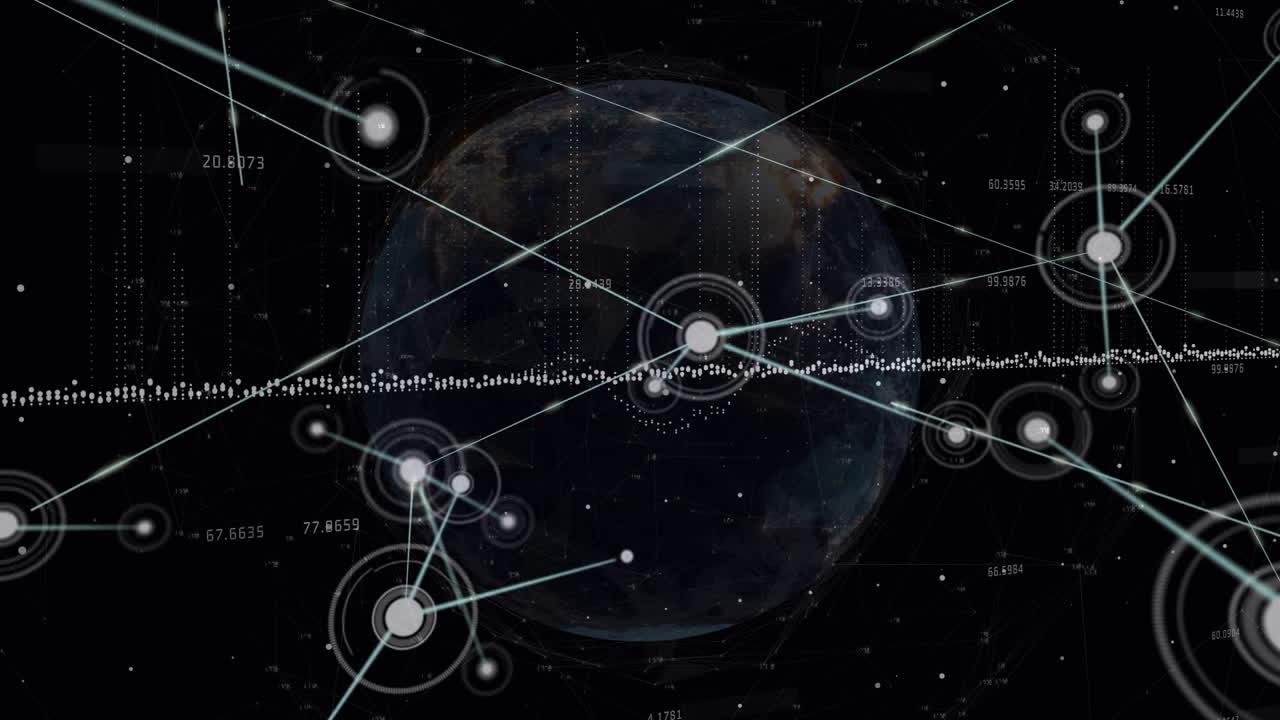 어두운 배경에서 연결 네트워크와 데이터 처리의 애니메이션