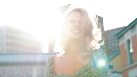 woman in a floral dress in a city