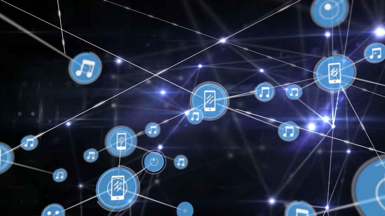 animación de la red de conexiones con iconos sobre luces de guante sobre fondo oscuro