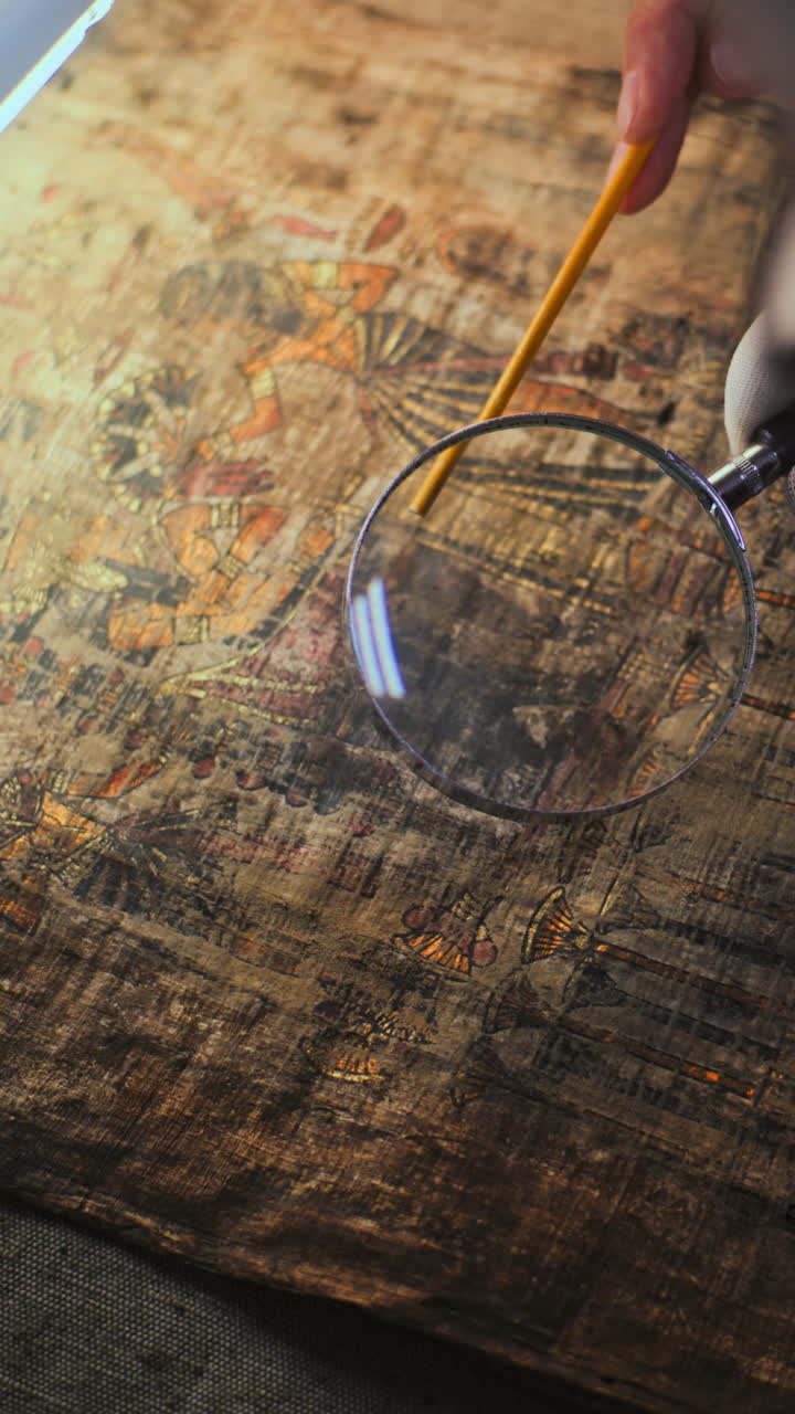 examinando un antiguo papiro egipcio