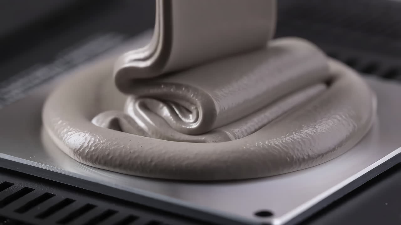 Thick batter or creamy mixture being poured onto a flat surface