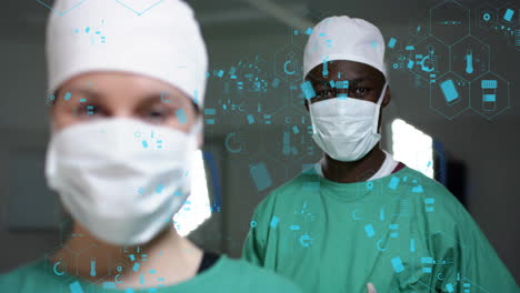 animation of dna strand over diverse surgeons in hospital