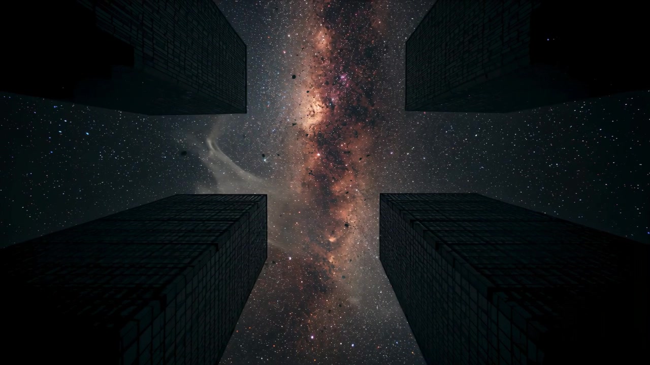 Time-lapse che cattura la fascia centrale della Via Lattea che scorre sopra un canyon urbano per mostrare il movimento tra le torri