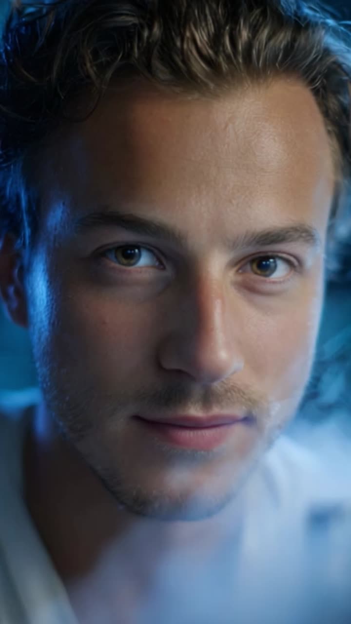 A captivating close-up of a young man with curly hair, showcasing a charming smile and expressive eyes, illuminated by soft light and enveloped in a mysterious atmosphere