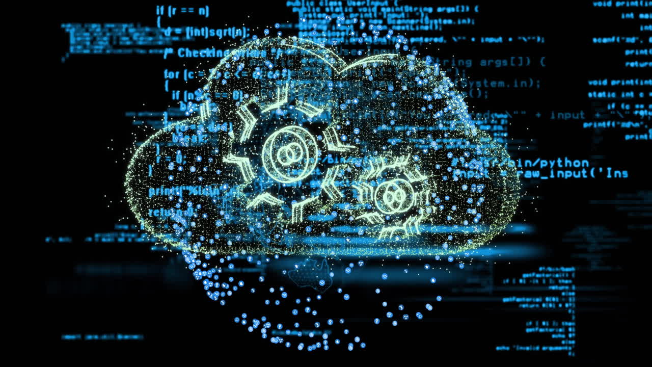 Cloud computing concept with digital gears and binary code animation