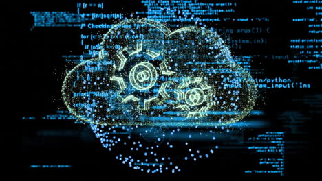 cloud computing concept with digital gears and binary code animation