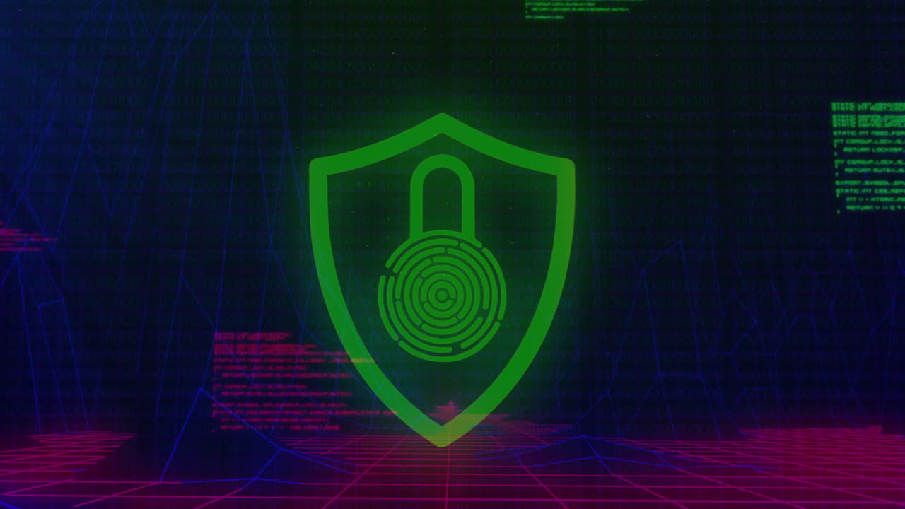 animazione dell'icona del lucchetto di sicurezza, elaborazione dei dati e strutture del metaverso in un modello senza cuciture