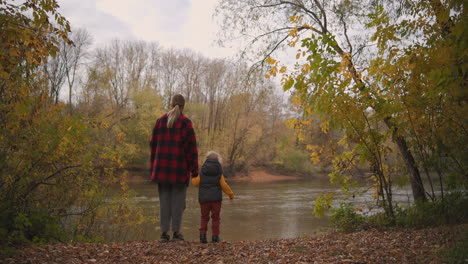 woman-is-spending-weekend-with-her-little-son-at-nature-walking-in-forest-and-viewing-landscapes-with-lake-mother-and-child-are-standing-on-shore