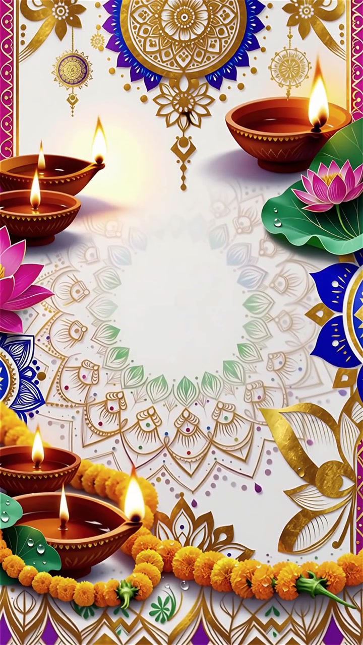 Sfondo Diwali con Diyas luminosi, Rangoli e fiori di loto