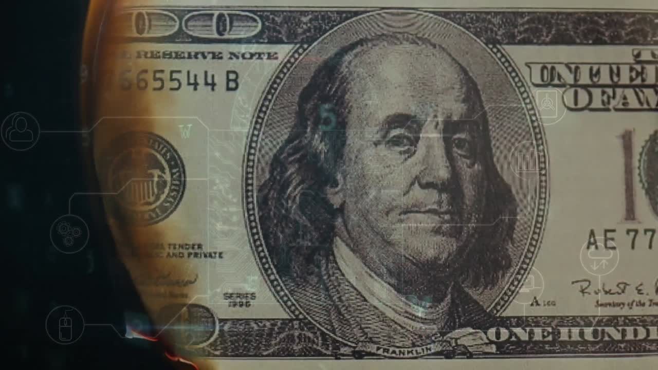 анимация движущейся обработки данных над банкнотой