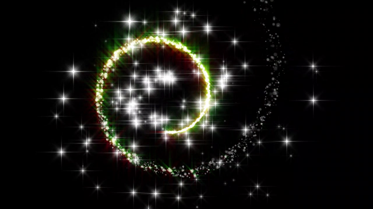 Animeret grøn og hvid glødende partikelspiral på sort baggrund