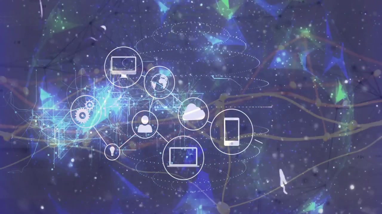 Spirale punteggiata rotante che avvia un'icona a nuvola, da cui nascono 9 icone che formano una rete mostrando la connettività.