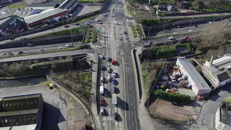 Aerial-footage-of-the-A50,-A500-motorway,-dual-carriage-way-in-the-heart-of-the-city-of-Stoke-on-Trent-in-Staffordshire,-Commuters-travel-north-and-south-on-the-roads