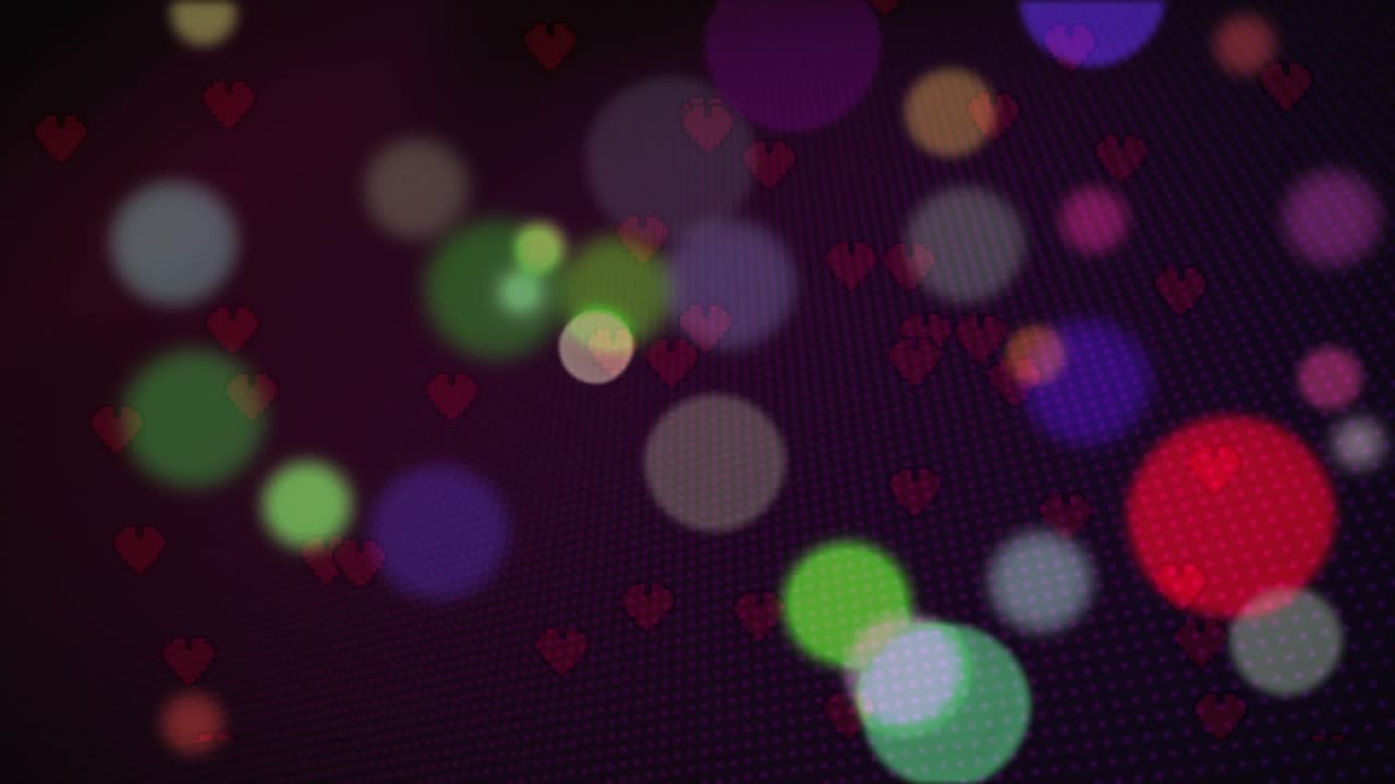 At start colored circles flickering as hearts emerging and blending across grid in abstract loop