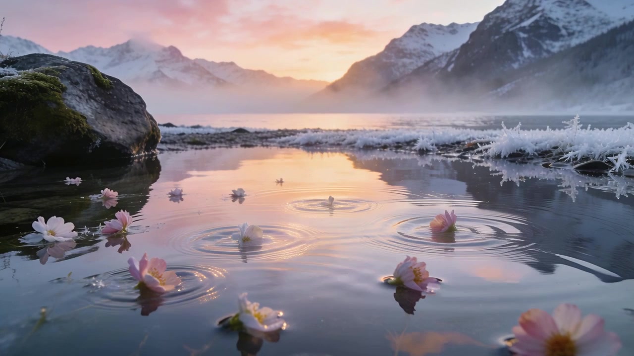 Rippling pink blossoms bobbing from taps at alpine lake sunrise, with moss rock, frost shore