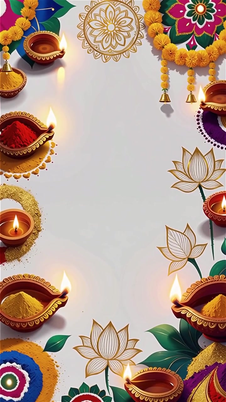Sfondo Diwali con Diyas luminosi, Rangoli e fiori di loto