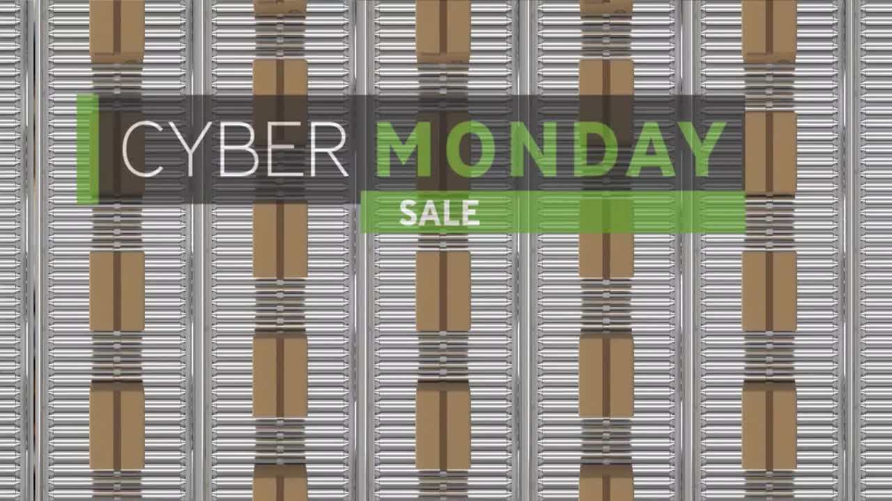 Animation of cyber monday sale text over cardboard boxes on conveyor belts